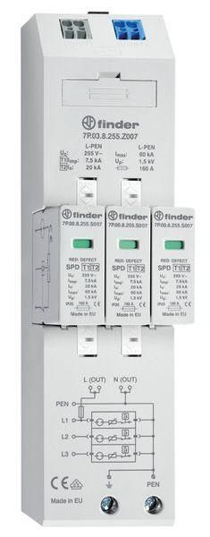 Finder 7P.03.8.255.Z007 Type 1+2 three-phase TN-C networks combined voltage surge arrester