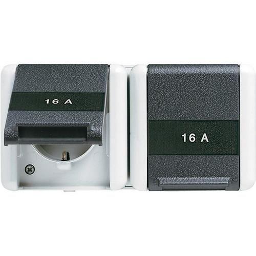 Jung 8220KINAW SCHUKO® double socket, 4 cable entries, 2 individual covers with integrated increased contact protection, 16 A 250 V ~, with label field, int