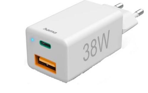 Hama 201640 1x USB-C PD, 1x USB-A QC, 38 W, white fast charger