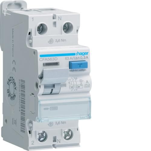 Hager CFA563D 2P 10kA 63A 300mA Type A residual current device