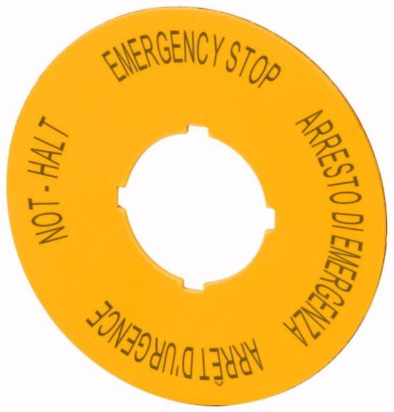 Eaton M22-XAK11 sign, EMERGENCY STOP, D = 90 mm, yellow, DE, EN, FR, IT , 121085