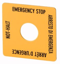 Eaton SQT11 sign, EMERGENCY STOP, H x W = 50 x 50 mm, yellow, DE, EN, FR, IT, 121375