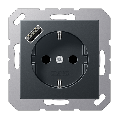 Jung A1520-18AANM SCHUKO socket 16 A 250 V ~, with USB charger 1 x type A, integrated increased contact protection, SAFETY+, series A, anthracite matt