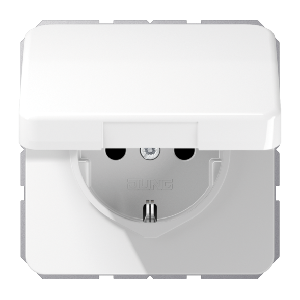 Jung CD1520BFKIKLWW SCHUKO socket, 16 A 250 V ~, without claws, integrated increased contact protection, SAFETY+, hinged lid, thermoplastic, CD series, alpine white
